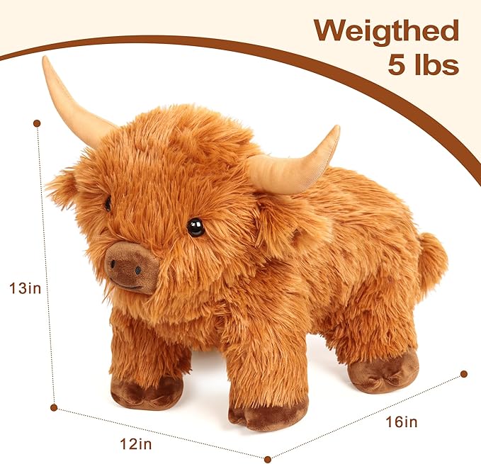 Wepop Highland Cow Weighted Stuffed Animals 16in 5 lbs, Weighted Stuffed Animal Highland Cow Plush, Adorable Cattle Stuffed Animal Décor Gifts for Kids and Adults