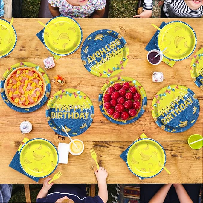 Grencian 96Pcs Yellow Cartoon Birthday Party Decorations Yellow Cartoon Paper Plates and Napkins Banana Theme Disposable Tableware for Banana Theme Birthday Decorations Serves 24