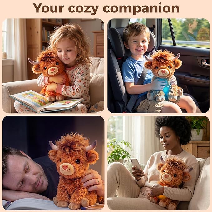 Mewaii Highland Cow Stuffed Animal, Weighted Highland Cow Plush with Washable Cover 1.1 lbs, Heatable & Coolable Microwavable Stuffed Animal Fluffy Cute Cozy Gift for Kids Women 10 Inch
