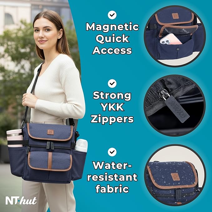 Baby Stroller Organizer Caddy with 2 Cup Holders — NT·hut CarryZee Universal Stroller Bag, Bottle Straps, Magnetic & Zippered Pockets, Fits 11" Tablet, Water Resistant 600D Oxford (Blue)