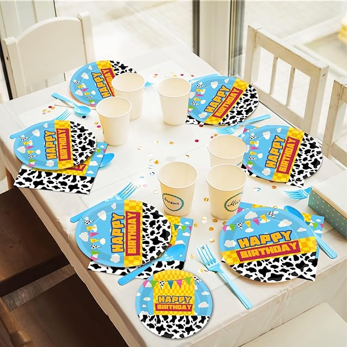 gisgfim 96 Pcs Cartoon Story Party Plates and Napkins Party Supplies Cow Pattern Blue Sky Tableware Set Cartoon Story Decorations Favors for Birthday Baby Shower for 24 Guests