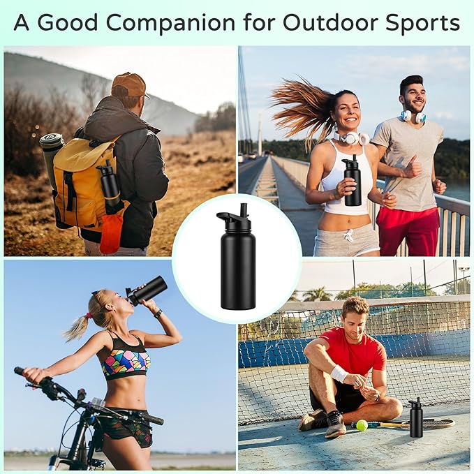 DOMICARE 32 oz Insulated Water Bottle Bulk, Vacuum Insulated Stainless Steel Sports Water Bottle with Straw Lid & Spout Lid, Leakproof, Reusable - Travel, Camping, Bike, Black (4 Pack)