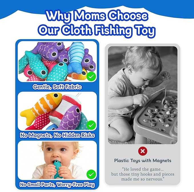 Montessori Toys for 1 Year Old, Cloth Fishing Game for Babies 6–18 Months, Soft Learning Toy with Stacking Cups, Fine Motor Skills & Color Recognition for Boys & Girls