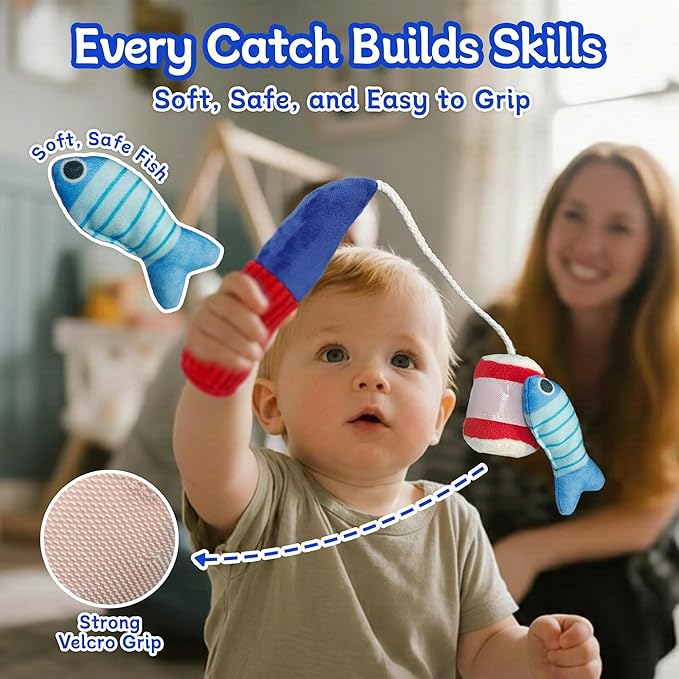 Montessori Toys for 1 Year Old, Cloth Fishing Game for Babies 6–18 Months, Soft Learning Toy with Stacking Cups, Fine Motor Skills & Color Recognition for Boys & Girls