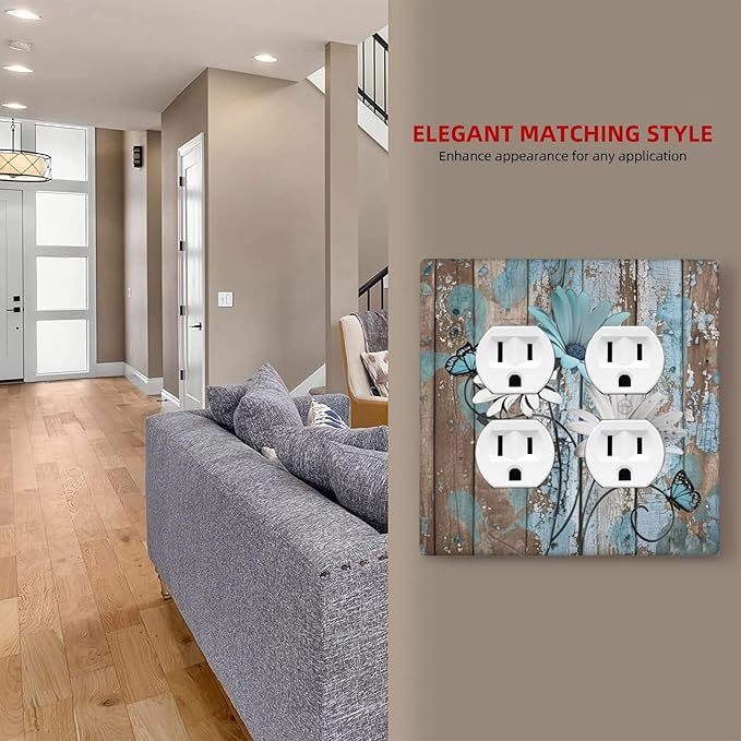 Outlet Covers Rustic Flower Teal Turquoise Daisy Butterfly 2 Gang Double Duplex Decorative Light Switch Covers Electrical Wallplates Socket Faceplate For Farmhouse Cabin Decor