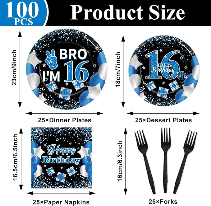 Qyeahkj 100 Pcs 16th Birthday Decorations for Boys Official Teen Supplies Plate Napkin Forks Set Disposable Blue 16th Birthday Tableware Paper Plates Dinnerware for Kids Teenager Favors Serve 25