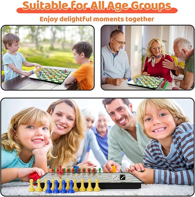 3 in 1 Magnetic Board Games Set for Kids Adults - Classic Travel Game Set with Chinese Checkers, Ludo, Snakes and Ladders, Educational Family Strategy Game with Folding 12.4 Inches Board & Piece