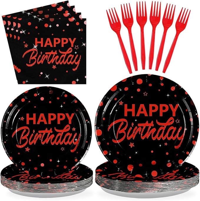 Grencian 96Pcs Red and Black Birthday Party Decorations Red Polka Dots on Black Paper Plates and Napkins Disposable Dessert Tableware for Men Women Birthday Party Graduation Decorations 2026 Serves 24