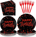 Grencian 96Pcs Red and Black Birthday Party Decorations Red Polka Dots on Black Paper Plates and Napkins Disposable Dessert Tableware for Men Women Birthday Party Graduation Decorations 2026 Serves 24