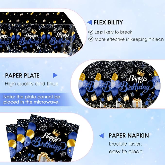 Blue and Black Birthday Decorations,Birthday Plates and Napkins Party Supplies Include Disposable Paper Plates Napkins Tablecloth,for Men Women Bday Party Dinner Decorations,Serves 20
