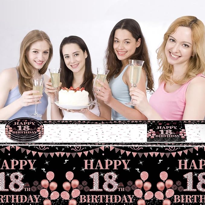 41Pcs 18th Birthday Party Decorations for Girls Her, Rose Gold Birthday Supplies Include 20 Plates 20 Napkins and 1 Tablecloth, Sweet Eighteen Year Old Birthday Party Tableware for Girls Kids Children