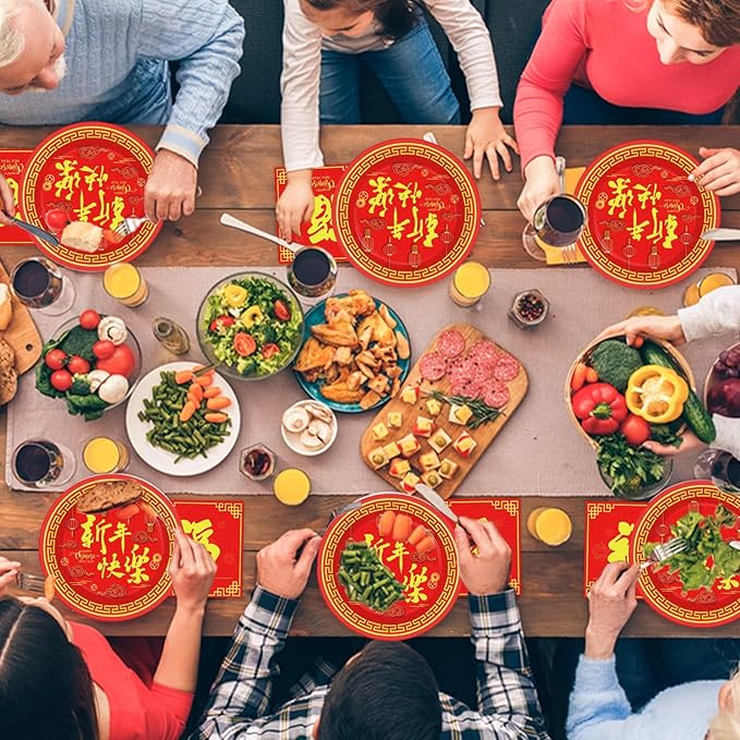 Wiooffen 96 Pcs Chinese New Year Party Plates Napkins Tableware Set Happy 2026 Horse Year Supplies Disposable Dinnerware Spring Festival Decoration Favors for Chinese New Year Eve, 24 Guests