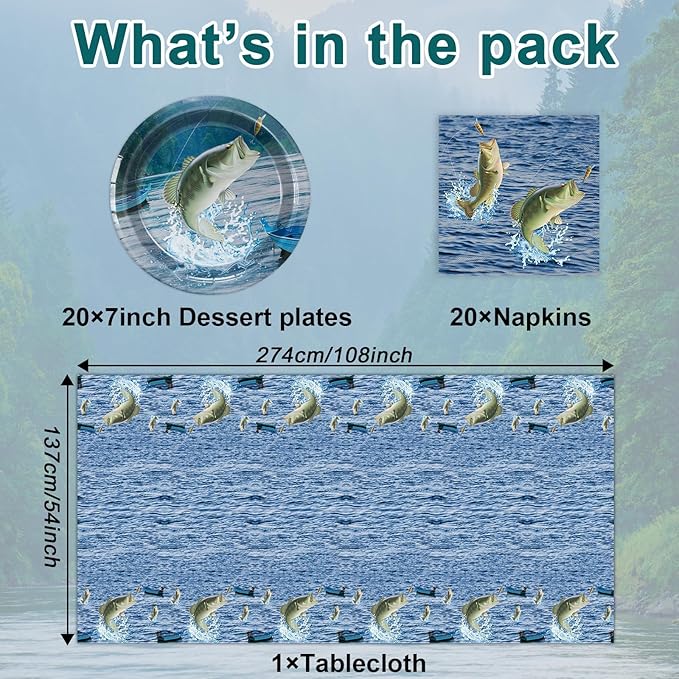 Gone Fishing Party Decorations Fishing Tableware Set Gone Fishin' Plates Napkins Disposable Table Cover Fishin' Dinnerware for True North Vbs Decorations Fish Themed Tournament Birthday Party Supplies