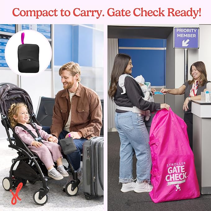 J.L. Childress Gate Check Bag for Single & Some Double Strollers - Travel Bag for Airplane, Fits Most Standard Baby Strollers, Airport Accessories Gate Check, Flying Essentials - Neon Pink