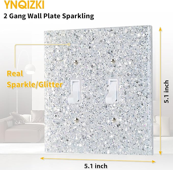 Silver Glitter Light Switch Cover Plate - Glossy Finish, 5.10" x 5.10" - Sparkle Double Toggle Wall Plate