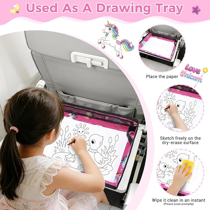 COOLBEBE Airplane Tray Table Cover Foldable Travel Tray Cover for Toddlers 1-3 Universal Fit for Airplane, Car Seat, High Chair Machine Washable, Portable Pink Unicorn