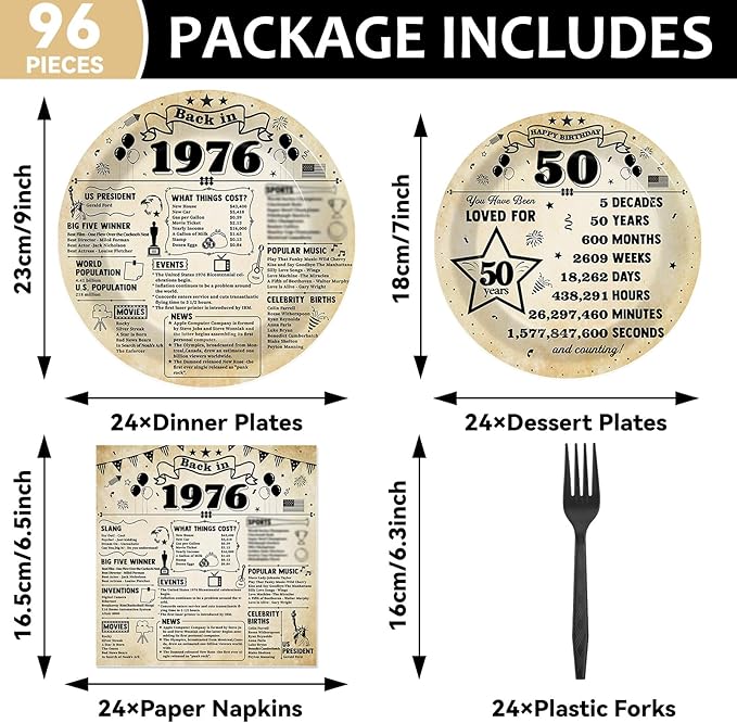 96Pcs 50th Birthday Party Plates and Napkins 50th Birthday Party Decorations Back in 1976 Dessert Plates Vintage 50 Years Old Themed Tableware Set Vintage 1976 Disposable Plates for Men Women Serve 24
