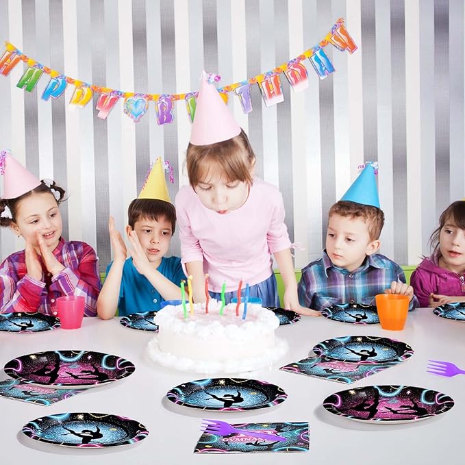 96Pcs Gymnastics Birthday Party Supplies Gymnastics Party Plates Disposable Paper Gymnastic Tableware Set for Girls Birthday Baby Shower Decorations, Serves 24