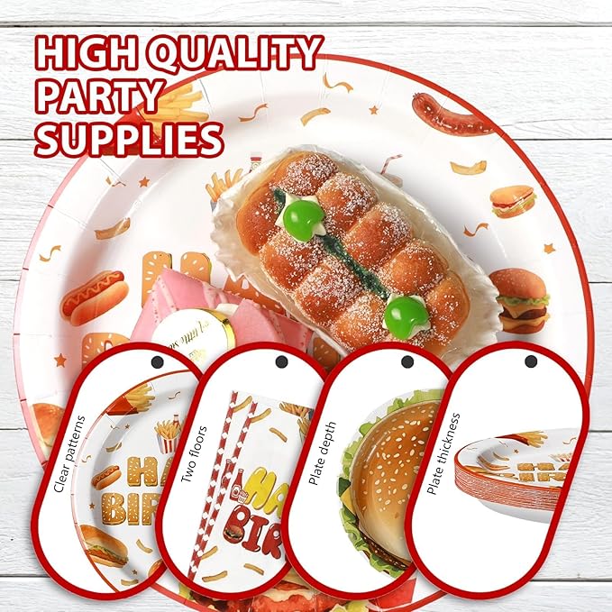 Grencian 96Pcs BBQ Birthday Party Decoration Fast Food Hamburger Plates and Napkins Disposable Barbecue Supplies Picnic Tableware for Food Themed Birthday Party Decorations Serves 24