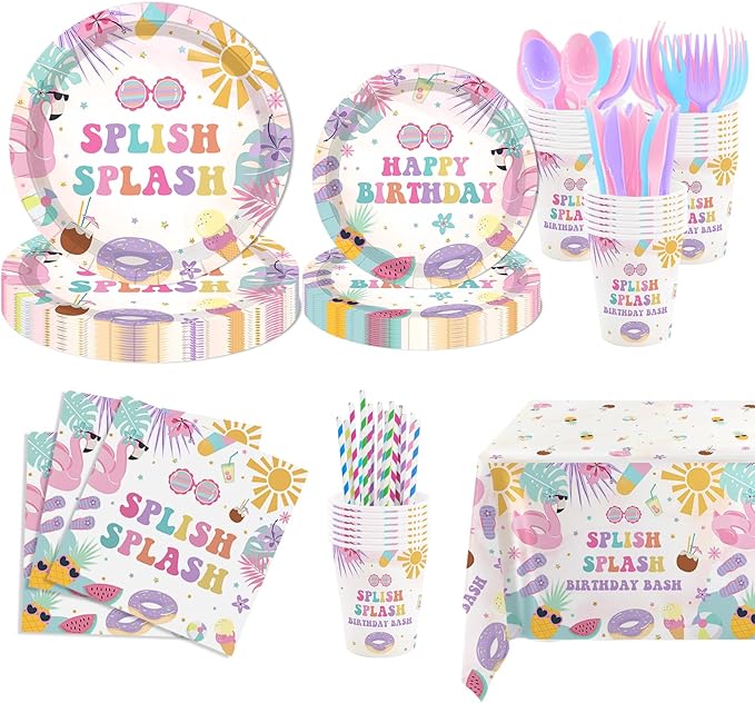 MEHOFOND Splish Splash Birthday Party Supplies Tableware Set 193 Pcs, Summer Pool Party Disposable Plates Cups Napkins Cutlery with Plastic Tablecloth for Girls Tropical Birthday Party
