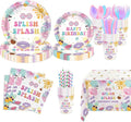 MEHOFOND Splish Splash Birthday Party Supplies Tableware Set 193 Pcs, Summer Pool Party Disposable Plates Cups Napkins Cutlery with Plastic Tablecloth for Girls Tropical Birthday Party