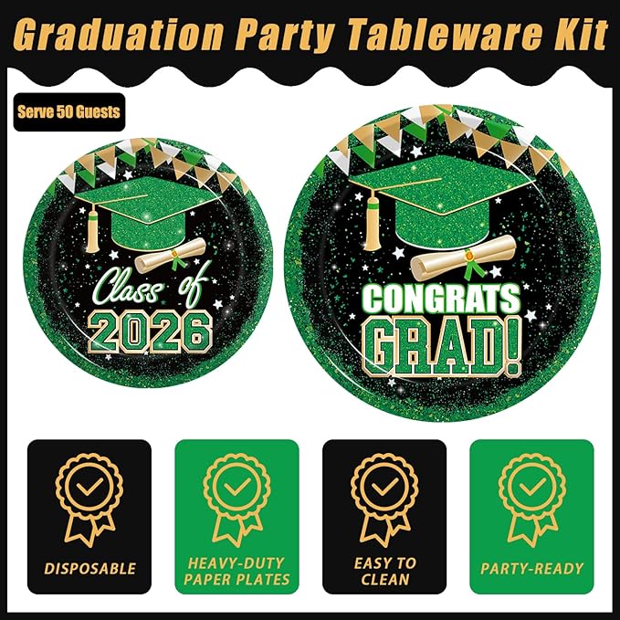 Kepeel 200Pcs 2026 Graduation Party Tableware Set, Green Gold Class of 2026 Party Decorations Supplies for Boys Girls Congratulate Graduation Disposable Paper Napkins Forks Favors, Serve 50