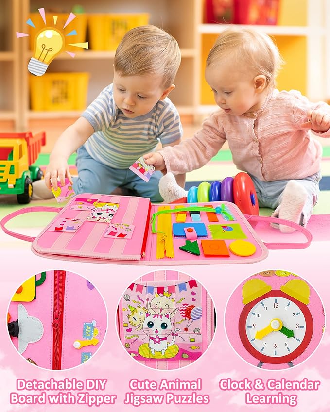 Exorany Busy Board Montessori Toys for Toddler Girls & Boys Birthday Gifts, Sensory Toys for Toddlers, Educational Travel Toy, Preschool Activities for Learning Fine Motor Skills