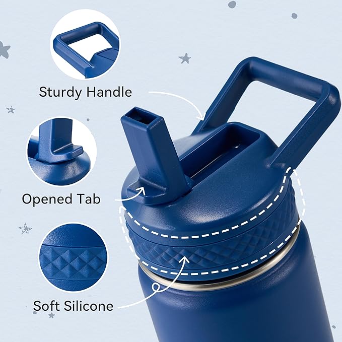 Fijinhom 12 oz Toddler Bottle, 2 Pack Kids Water Bottle for School Boys & Girls with Straws Lids, 304 Stainless Steel Vacuum Insulated Thermos, BPA-Free, Blue Black + Cherry Blossom