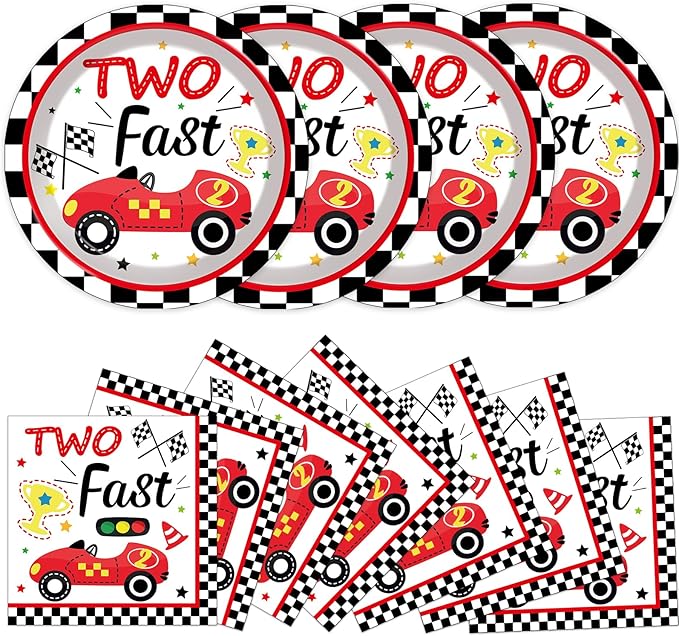 48Pcs Two Fast Plates and Napkins Two Years Old Birthday Party Decorations set Race Car 2nd Party Supplies Racing 2 fast Birthday Racing Sports Themed Disposable Tableware for Kids Boys Serves 24