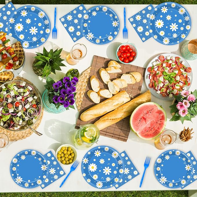 Justforjoyful 96Pcs Daisy Birthday Party Supplies Groovy Flower Paper Plates and Napkins Spring Floral Disposable Dinner Dessert Tableware Set for Blue Baby Shower Birthday Party Decorations Serve 24