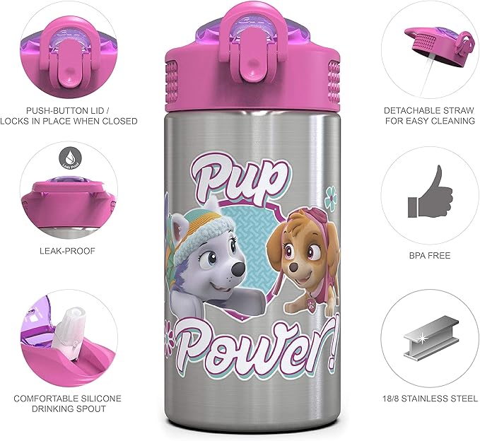 Zak Designs Paw Patrol Skye - Stainless Steel Water Bottle with One Hand Operation Action Lid and Built-in Carrying Loop, Straw Spout is Perfect for Kids (15.5 oz)