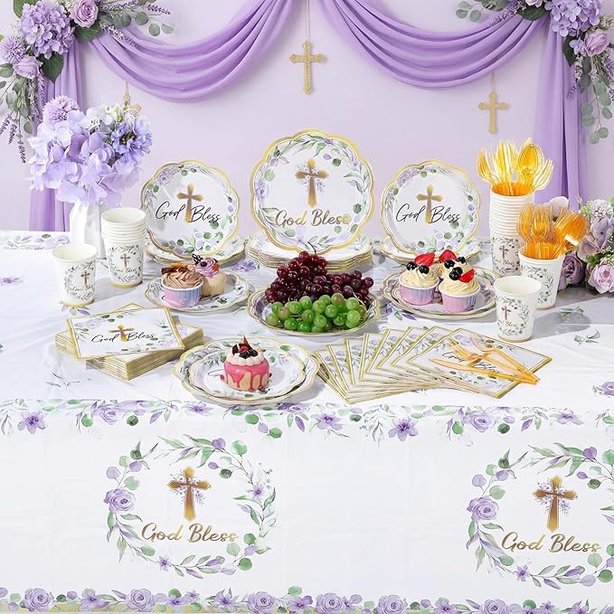 Pickmesh 194 Pcs God Bless Baptism Party Decoration Girl for 24, Purple Floral Baptism Confirmation Paper Plate Napkin Cup Tablecloth Cutlery for First Holy Communion Christening Baby Shower Supplies