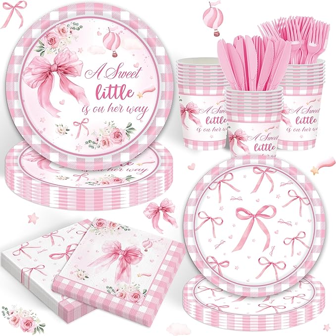 120 Pink Bow Baby Shower Decorations for Girl,Pink Bow Birthday Party Supplies Include Bow Plate,Napkin, Welcome Baby Girl Decorations for Coquette Bow Party Serves 20