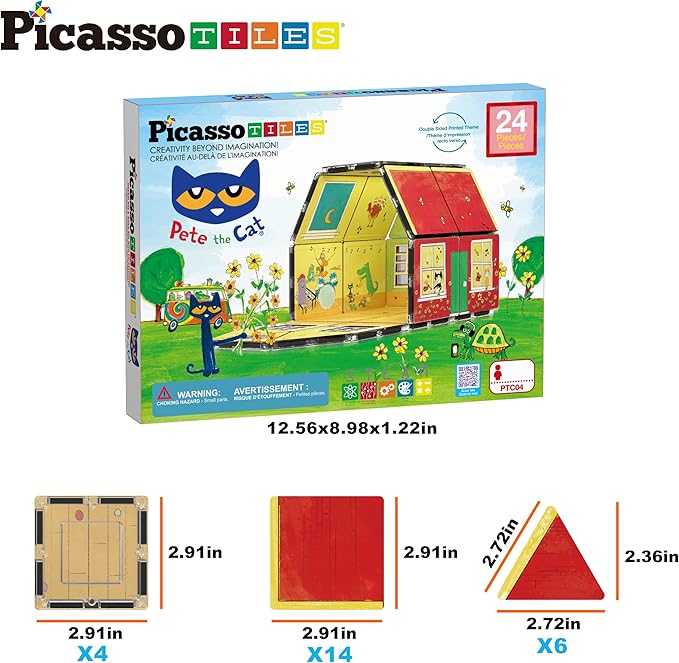PicassoTiles Magnetic Tiles Pete the Cat Home Theme Building Blocks Double Sided Printing Toddler Magnet Toys Education STEM Learning Kit Construction Brain Development Preschool Kid Game Boy Girl 3+