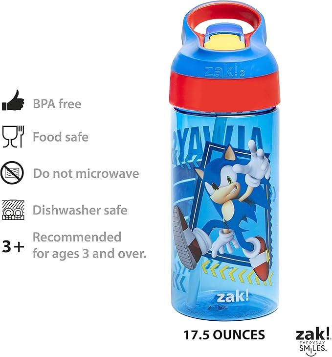 Zak Designs Sonic the Hedgehog Kids Water Bottle with Spout Cover and Built-in Carrying Loop, Made of Durable Plastic, Leak-Proof Water Bottle Design for Travel (17.5 oz, Pack of 2)