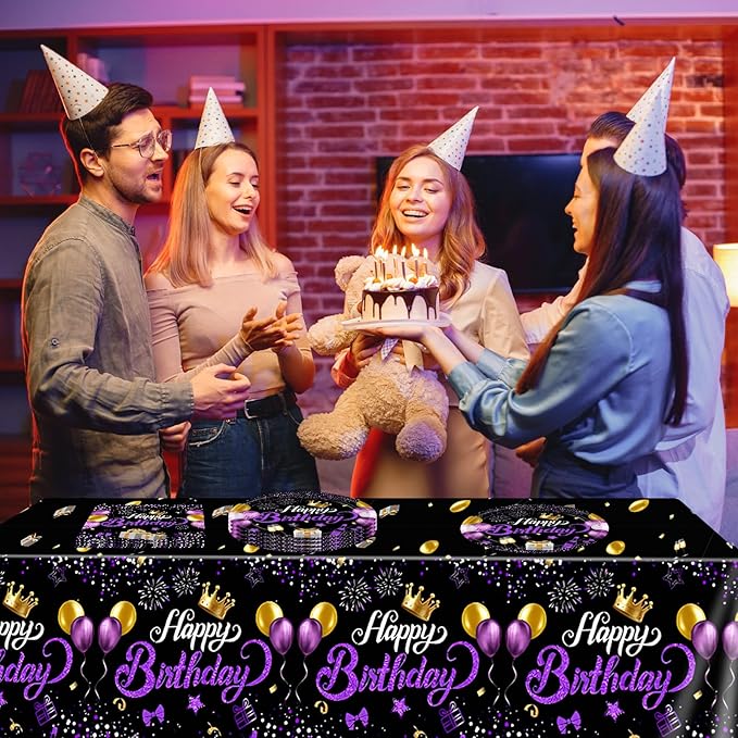 Purple and Black Birthday Decorations,Disposable Party Tableware include Happy Birthday Plates Napkins Tablecloth,for Bday Party Decorations for Women,Girls,Men and Boys,Serves 20