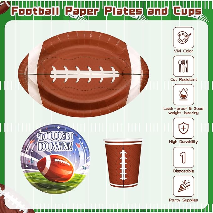 99PCS Football Party Tableware Supplies,Set of 24 Football Plates Napkins Cups,11.8in Football Shaped Disposable Paper Plates,Banner and Touchdown Tablecloth for Birthday Gameday Tailgate Decoration