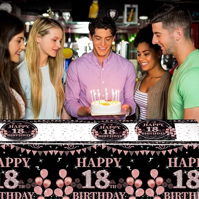 41Pcs 18th Birthday Party Decorations for Girls Her, Rose Gold Birthday Supplies Include 20 Plates 20 Napkins and 1 Tablecloth, Sweet Eighteen Year Old Birthday Party Tableware for Girls Kids Children