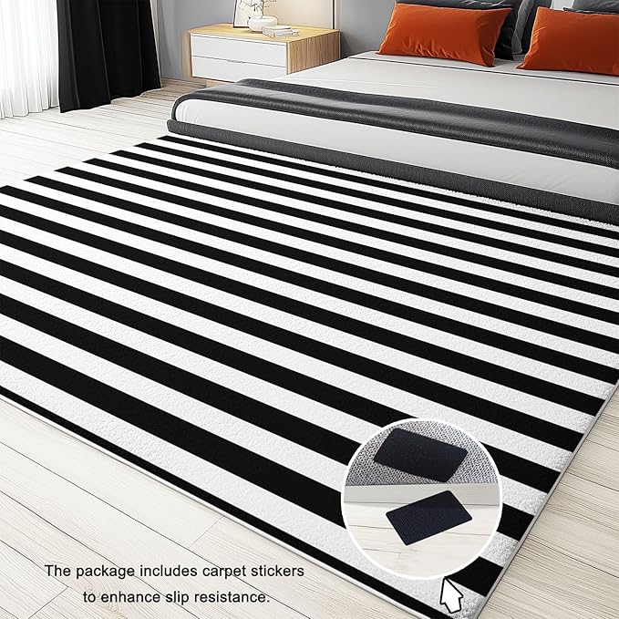 6 x 8 ft Rug for Living Room Geometric Horizontal Stripes Washable Area Non-Slip Carpet, Black and White Indoor Accent Lightweight Soft Throw Rug for Bedroom Office Dining Room Carpet Mat