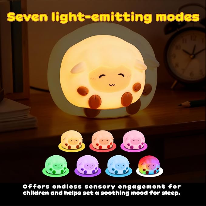 Sheep Night Light for Kids: 16-Color Changing, Rechargeable LED Squishy lamp. Soft Silicone, dimmable. Perfect for Nursery, Dorm Decor & Gifts for Girls/Boys.