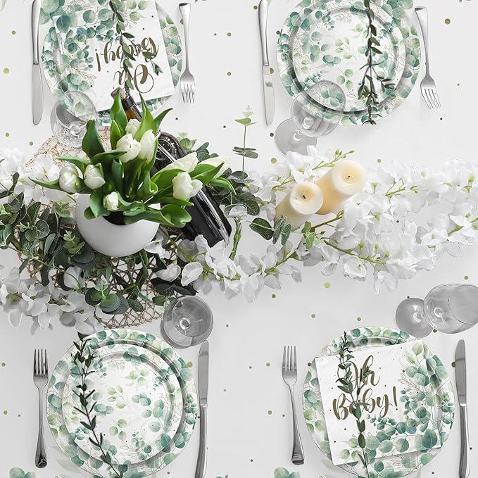 Sage Greenery Baby Shower Party Supplies Disposable Paper Plates Napkins Cups and Tablecloth for Boho Greency Party Decorations, Serve 25.