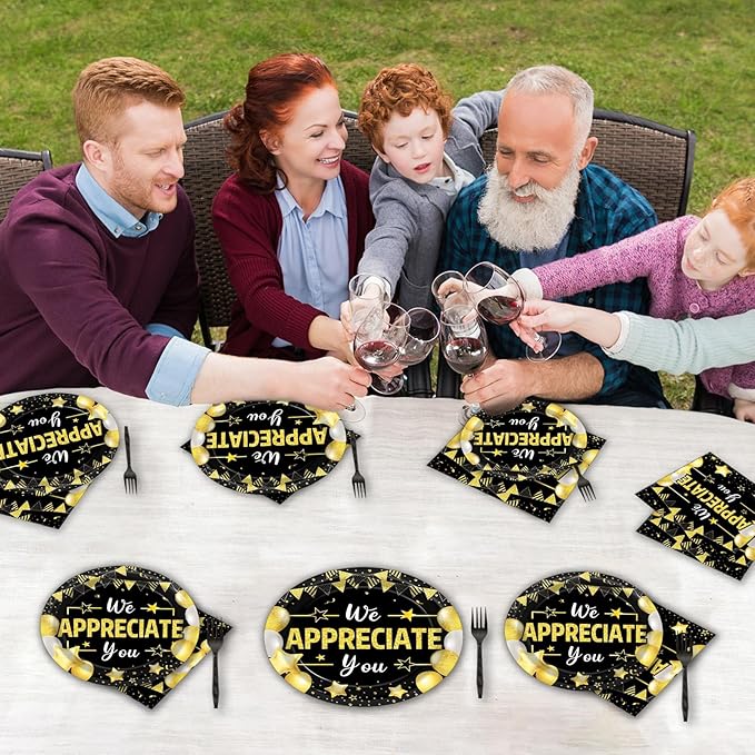 96Pcs We Appreciate You Party Plates and Napkins for Employee Staff Appreciation Black Gold Supplies Work Anniversary Themed Plate Thank You Tableware Set for Teacher 24 Guests Party Decorations