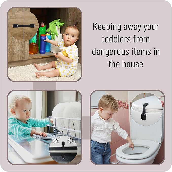Bates- Child Safety Strap Locks, 16 Pack, Black, Baby Cabinet Locks with Adjustable Strap Length