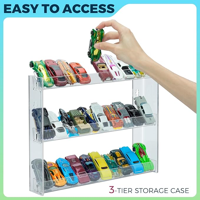 [2 Pack] Clear 3-Tier Display Case for 1:64 Toy Cars – Holds 30 Diecast Vehicles, Wall Mounted or Desktop Organizer Rack for Collectors