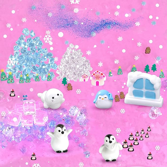 Penguin Slime Kit 10oz, Big Clear Slime Bucket with Cute Charms, Soft Non-Sticky Pink Slime Sensory Toys, Goodie Bag Stuffers Party Favors Birthday Gifts for Boys Girls Ages 4-12