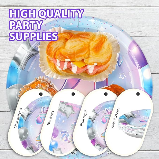 Grencian 96Pcs 21st Birthday Decorations Iridescent 21st Birthday Party Plates Disposable 350GSM Cheers to 21 Years Paper Tableware Set for Girls Women 21 Years Old Party Supplies Serves 24