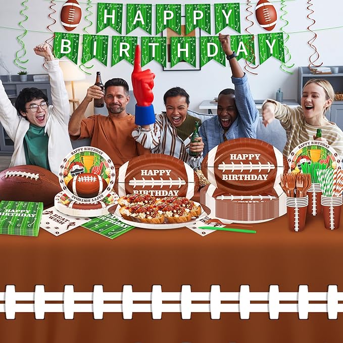 Football Birthday Party Decoration,177PCS Football Disposable Tableware Party Supplies,Set of 24 Football Paper Plates Napkins Cups Forks Straws,Banner Touchdown Tablecloth for Gameday Tailgate Decor