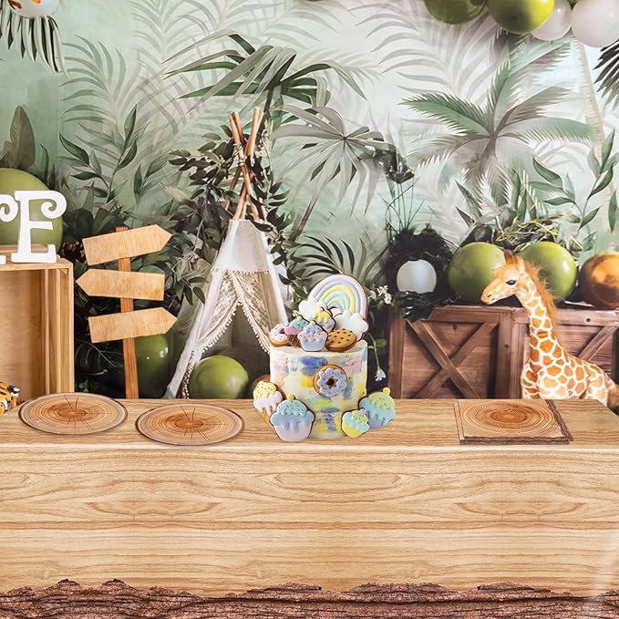 41 Pcs Camping Birthday Party Decorations Rustic Wood Grain Slice Tableware Brown Camo Wood Paper Plates Napkins Tablecloth丨Forest Themed Bonfire Hunting Birthday Lumberjack Party Decor,Serves 20