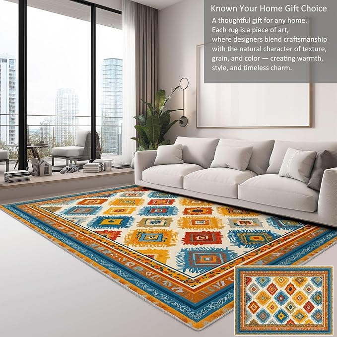 Abstract Geometric Border Washable Area Rug 6×8ft for Living Room, Bohemian Southwestern Tribes Soft Bedroom Rug, Low Pile Non-Slip Floor Carpet for Dining Room Nursery Home Office