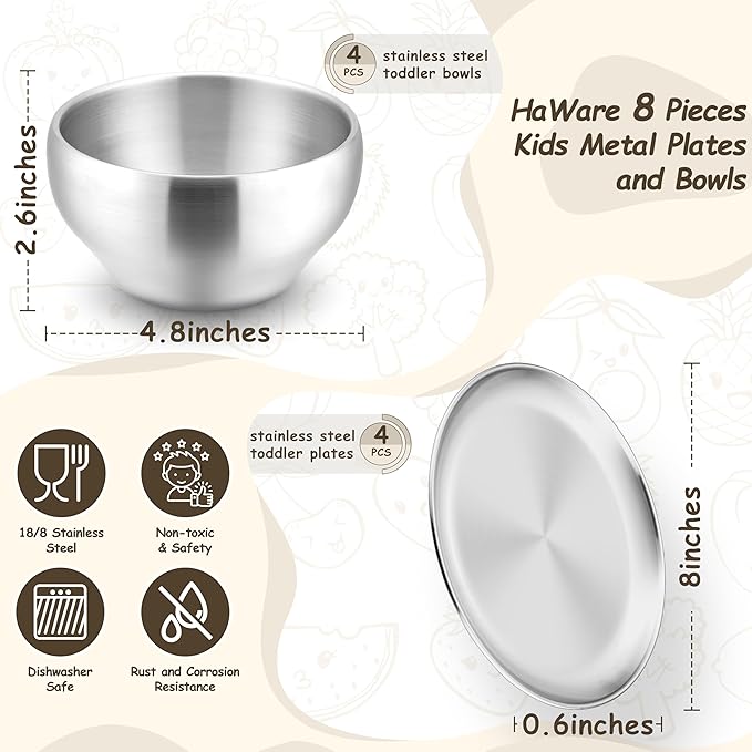 HaWare Kids Plates and Bowls, 8 Pieces Stainless Steel Dish Set, Reusable Dinnerware for Camping, Hiking, Travel, Picnic, Non-toxic Tableware set for Kids Self-feeding, Dishwasher Safe